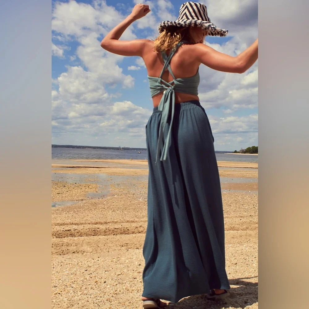 Free People Beach Talk to me Co-ord Green Wide Leg Gauze Pants Elastic Waist